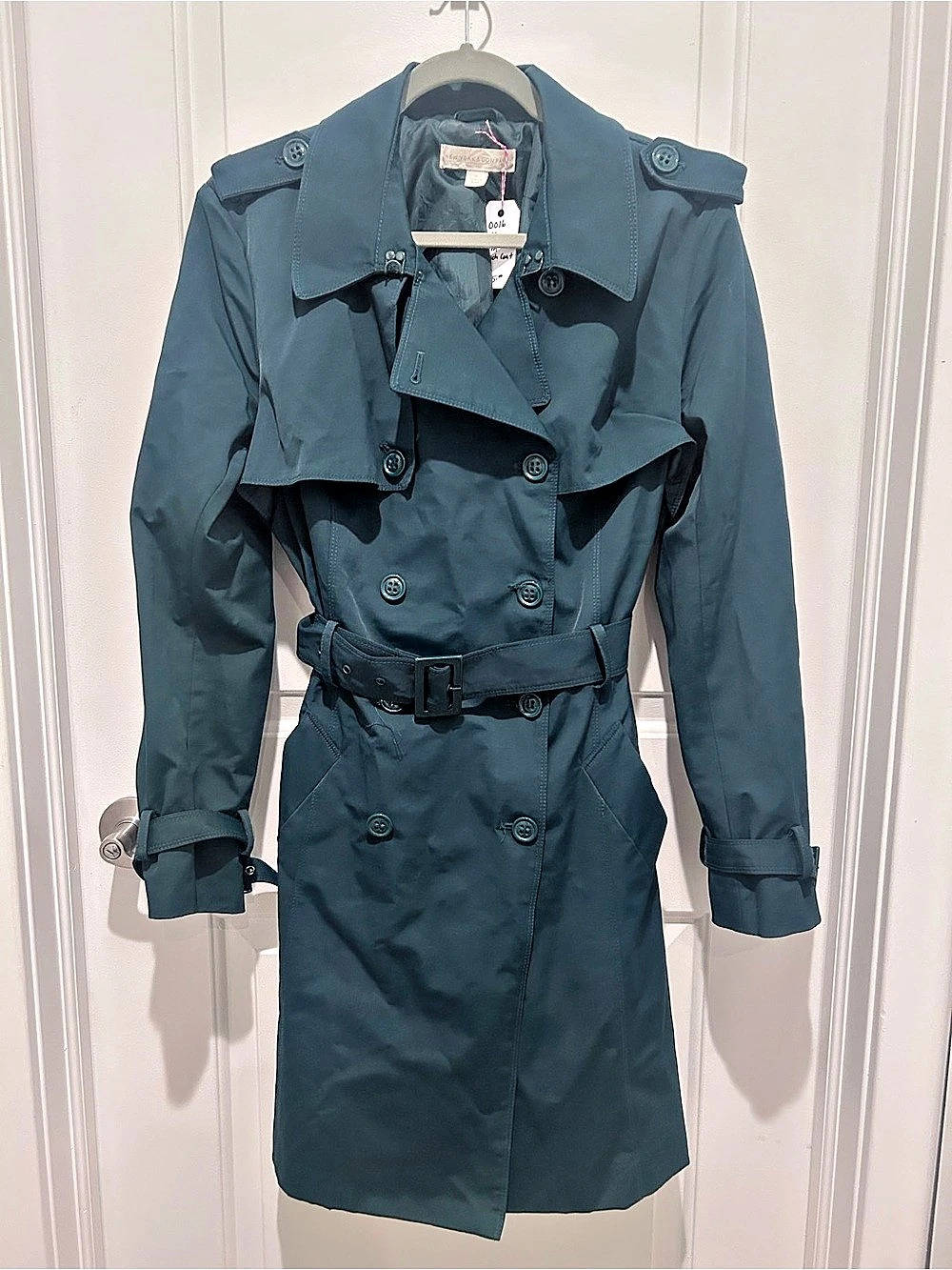 New York & Company Belted Trench Coat in Green Size XL